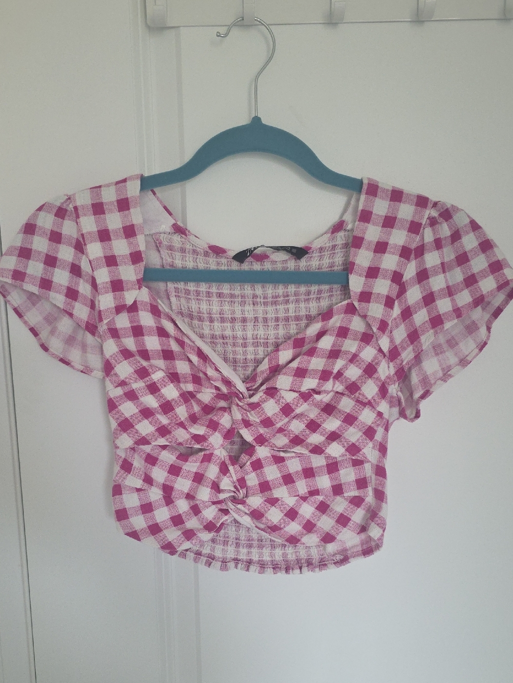 Zara Pink Gingham Knot-Front Crop Top